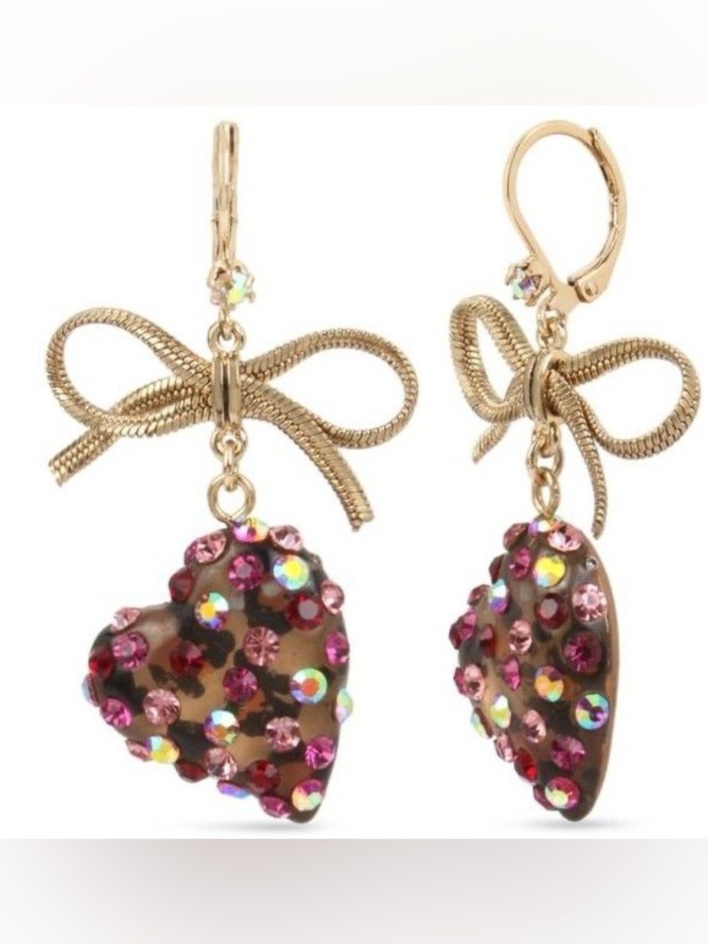 Betsey Johnson Gold Bow Heart Dangle Earrings with Pink Crystal Accents